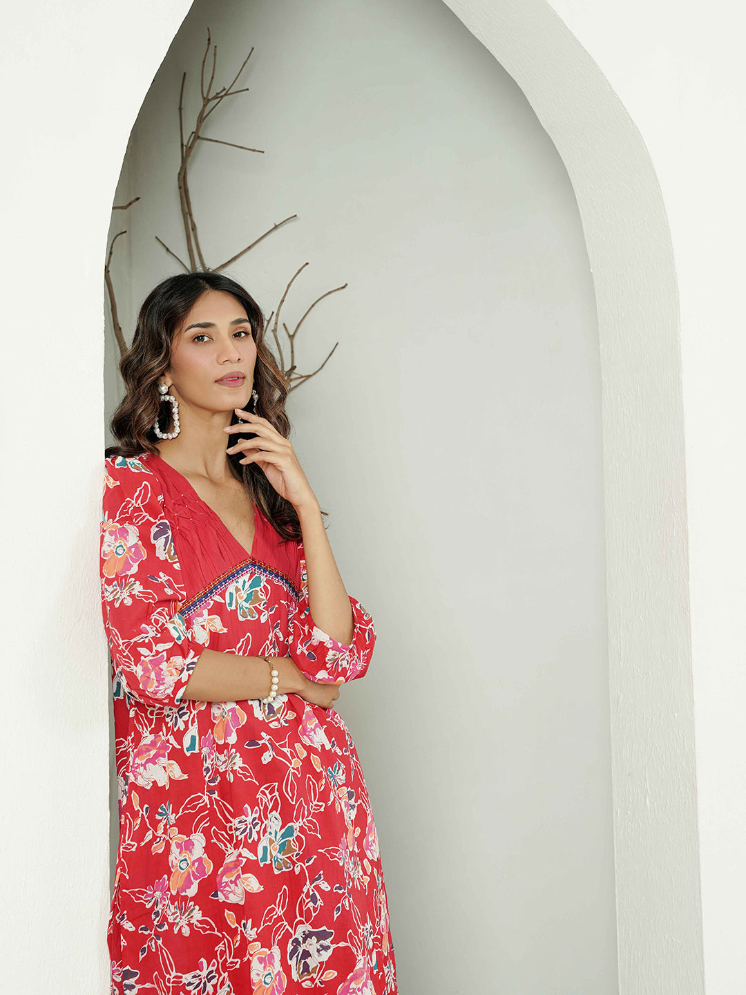 Red Floral Motif Printed Cotton Kurta