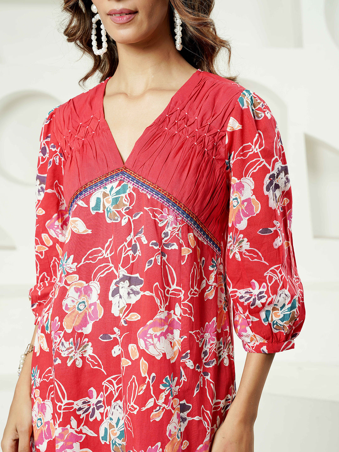 Red Floral Motif Printed Cotton Kurta Set