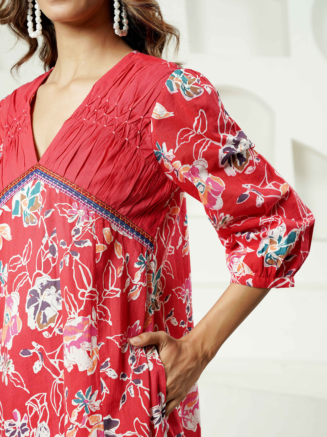 Red Floral Motif Printed Cotton Kurta Set