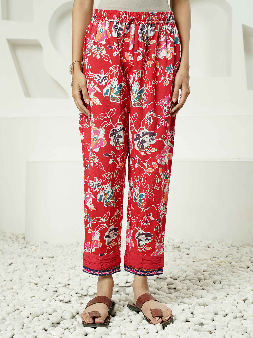 Red Floral Motif Printed Cotton Kurta Set