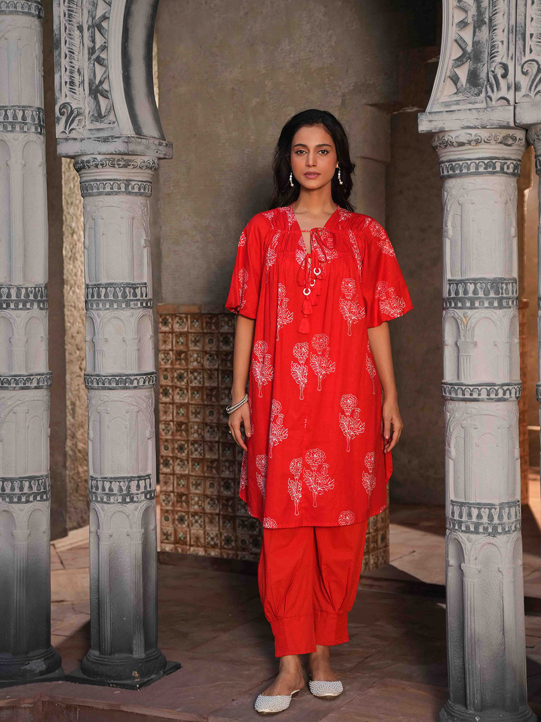 Red Tassel Tie-up Cotton Kurta Set