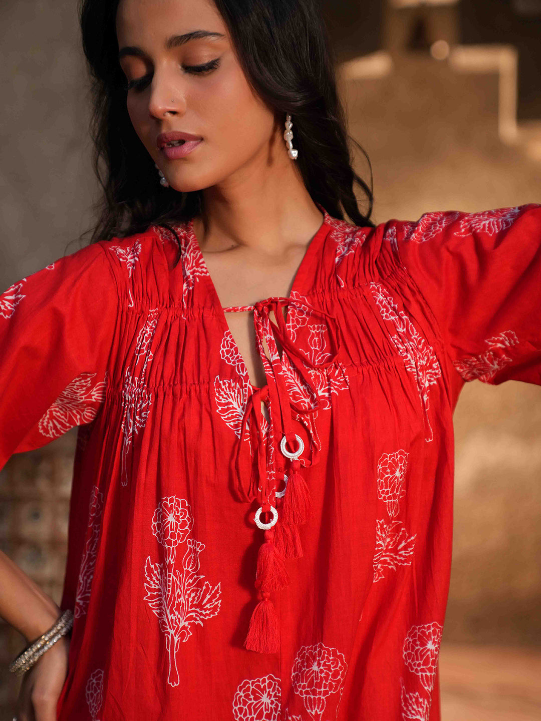 Red Tassel Tie-up Cotton Kurta Set