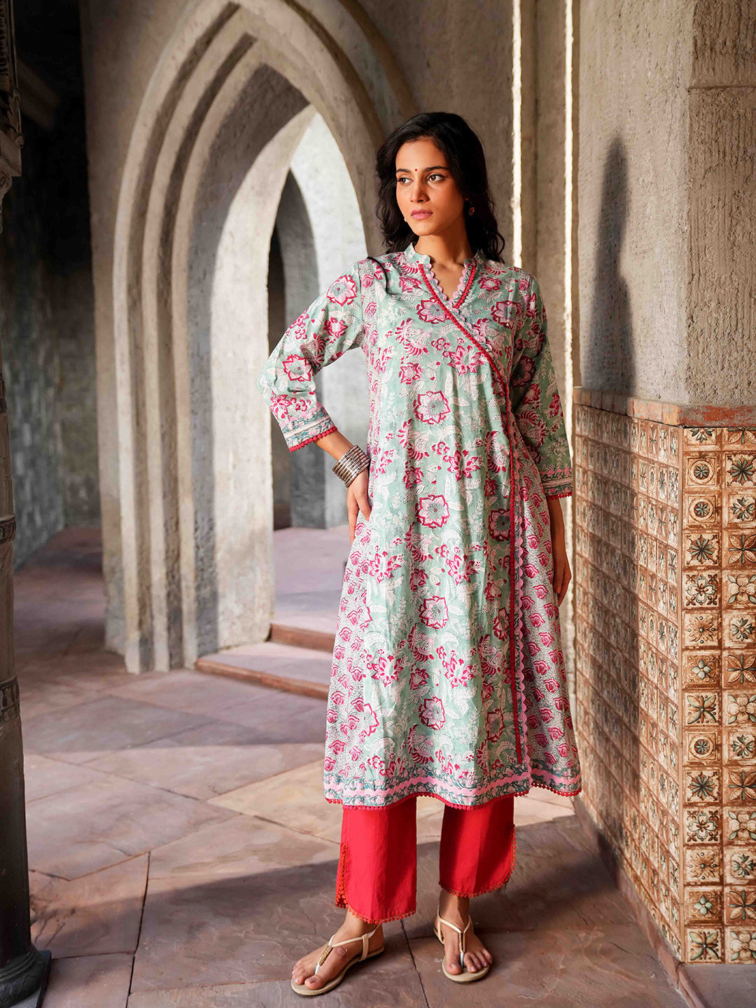 Red-Green Floral Cotton Kurta Set