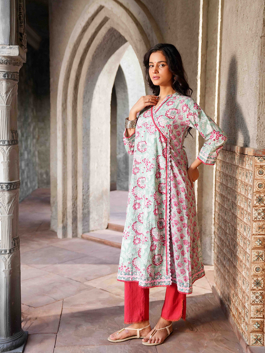 Red-Green Floral Cotton Kurta Set