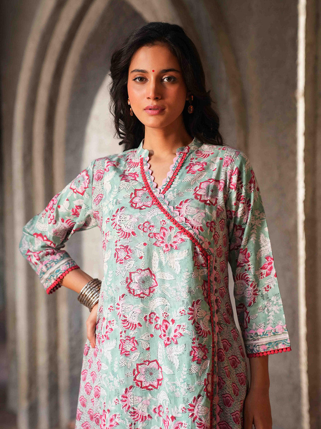 Red-Green Floral Cotton Kurta Set