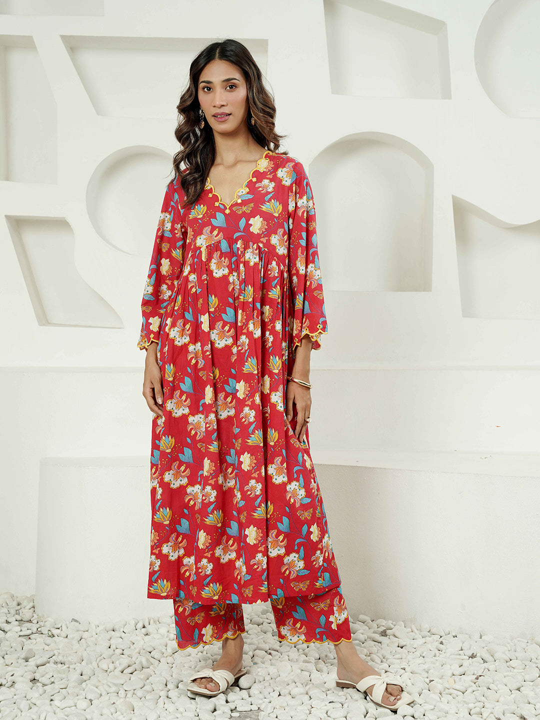 Red Floral Scallop Embroidered Cotton Kurta Set