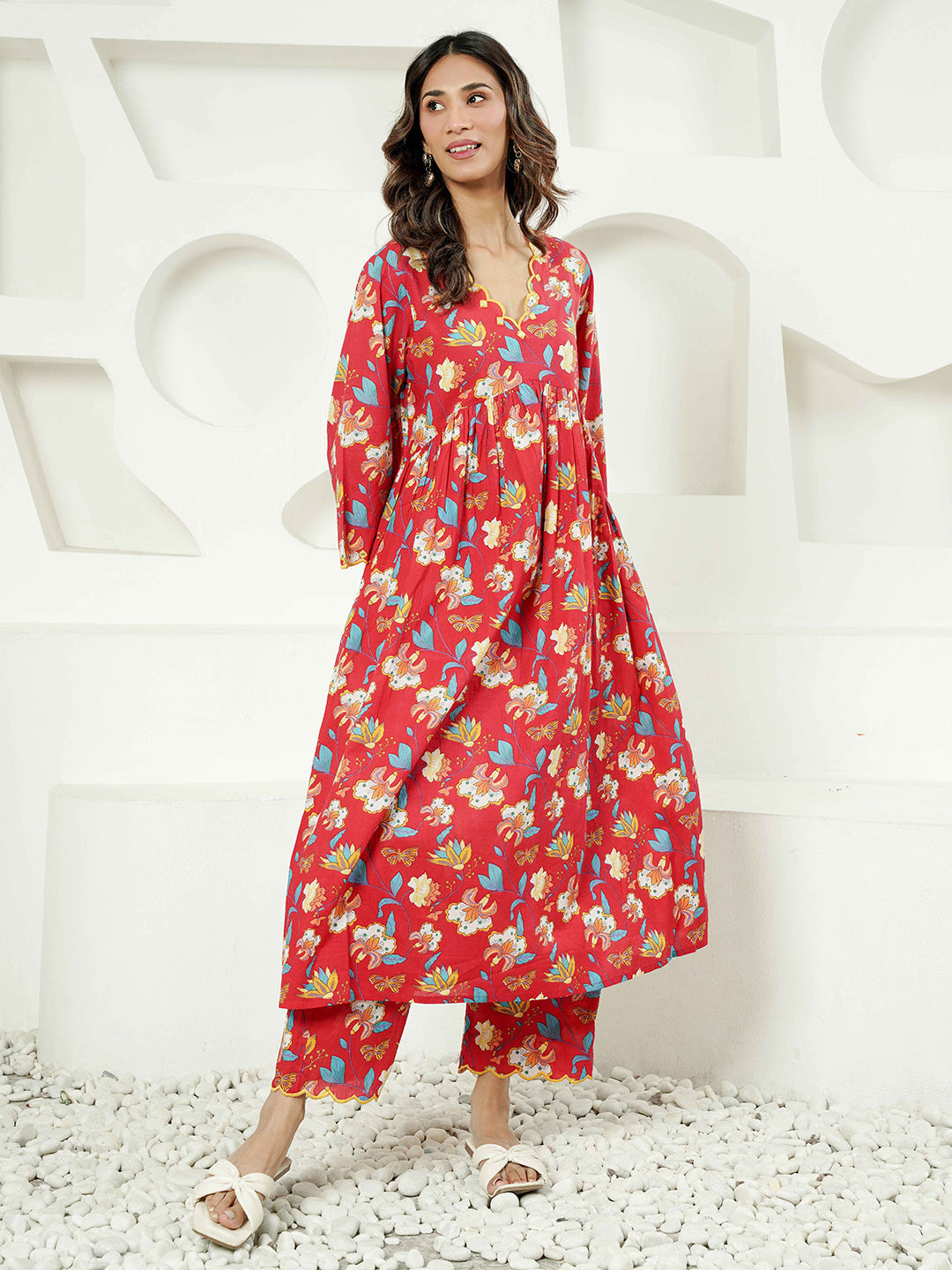 Red Floral Scallop Embroidered Cotton Kurta Set