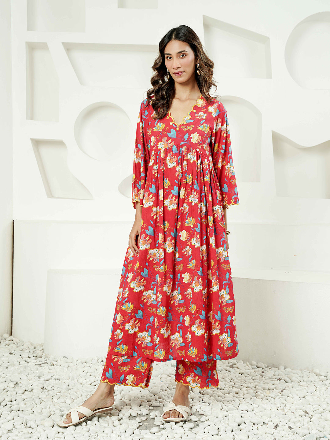 Red multi Floral Print Cotton Co-ord Set