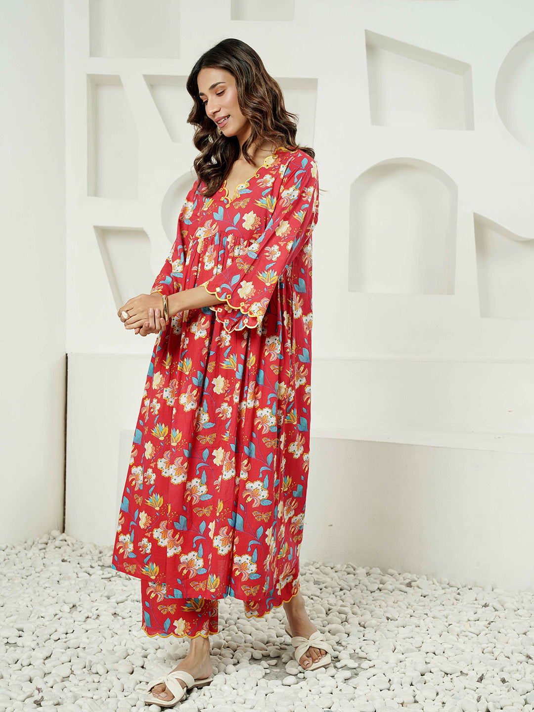 Red multi Floral Print Cotton Co-ord Set