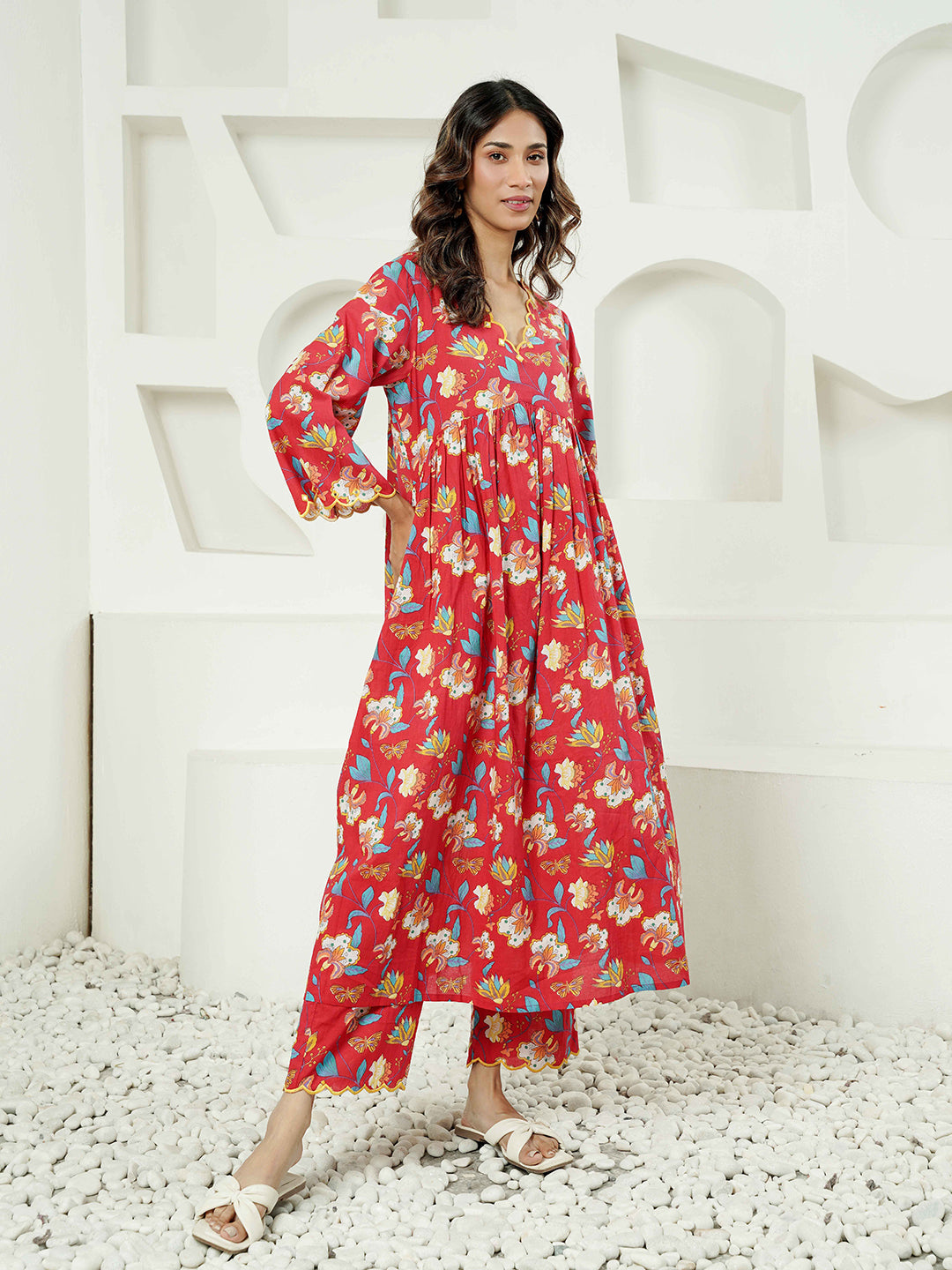 Red multi Floral Print Cotton Co-ord Set