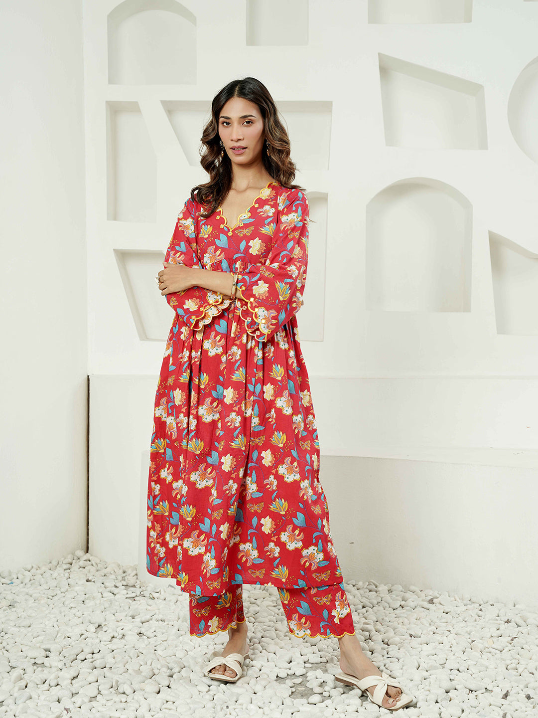 Red multi Floral Print Cotton Co-ord Set