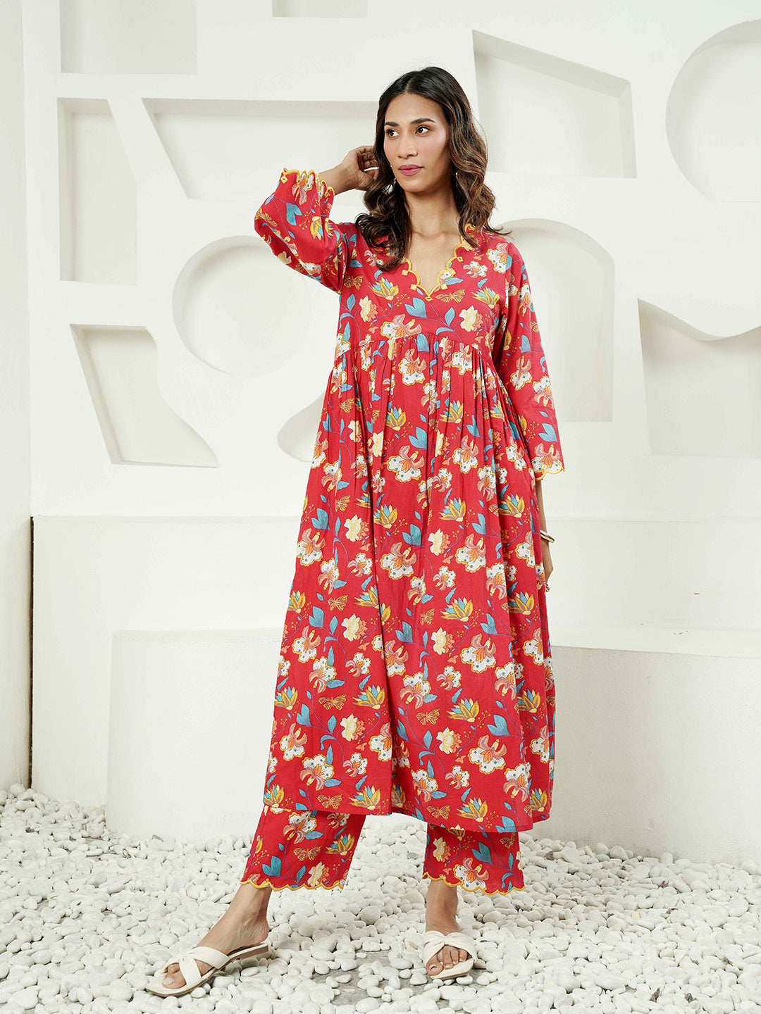 Red multi Floral Print Cotton Co-ord Set