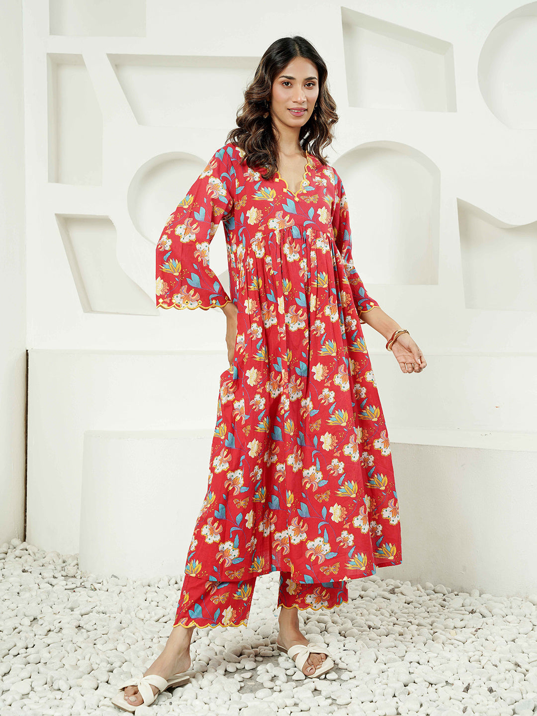 Red multi Floral Print Cotton Co-ord Set