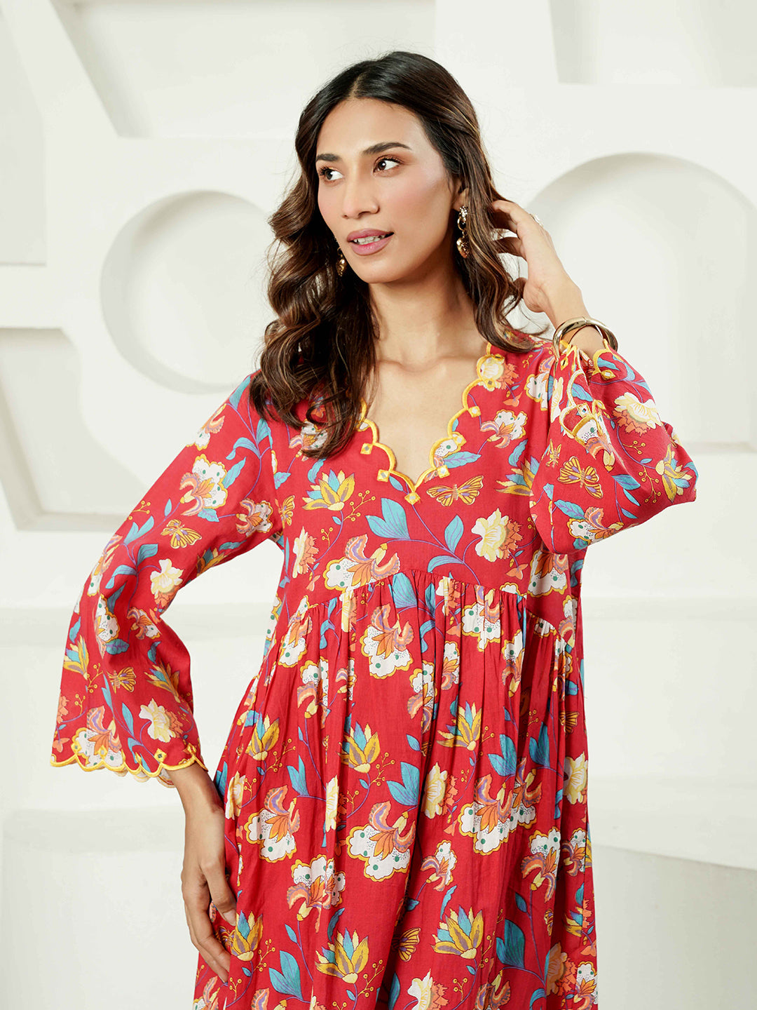 Red Floral Scallop Embroidered Cotton Kurta Set