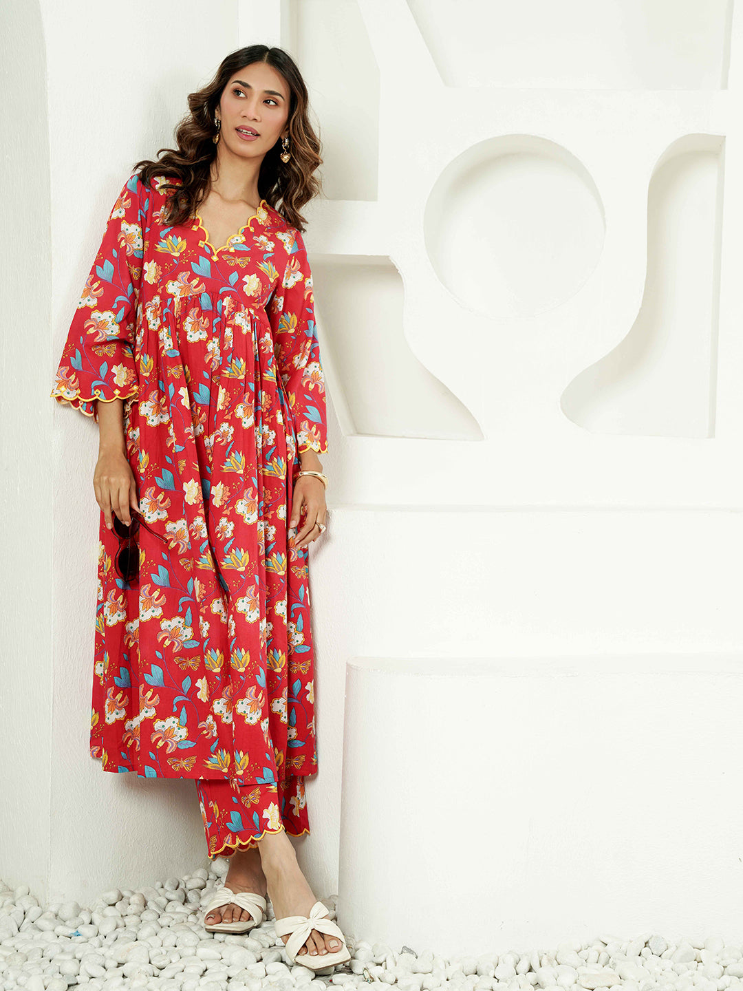 Red Floral Scallop Embroidered Cotton Kurta Set