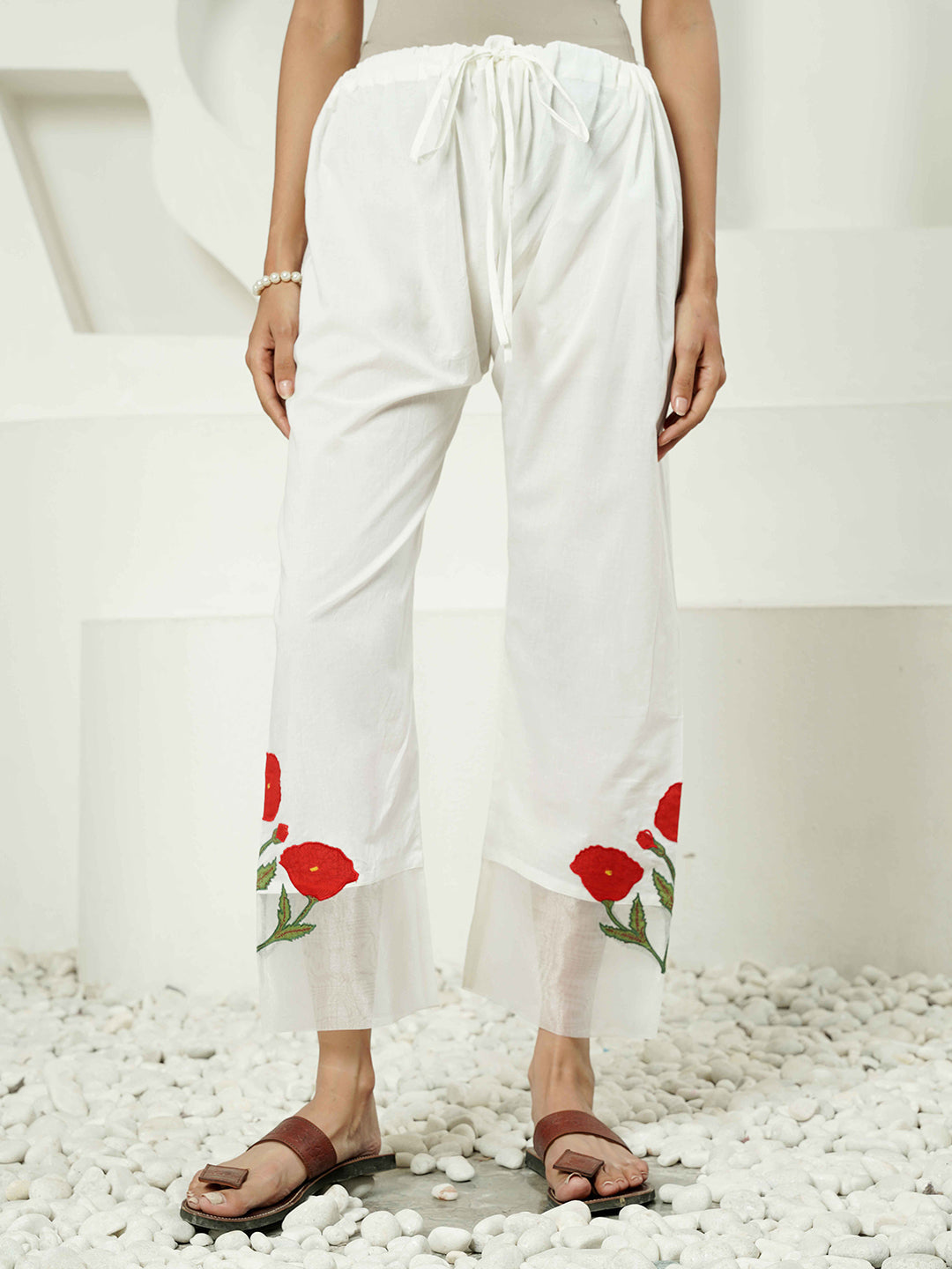 Red-White Stripe Patch Embroidered Cotton Kurta Set