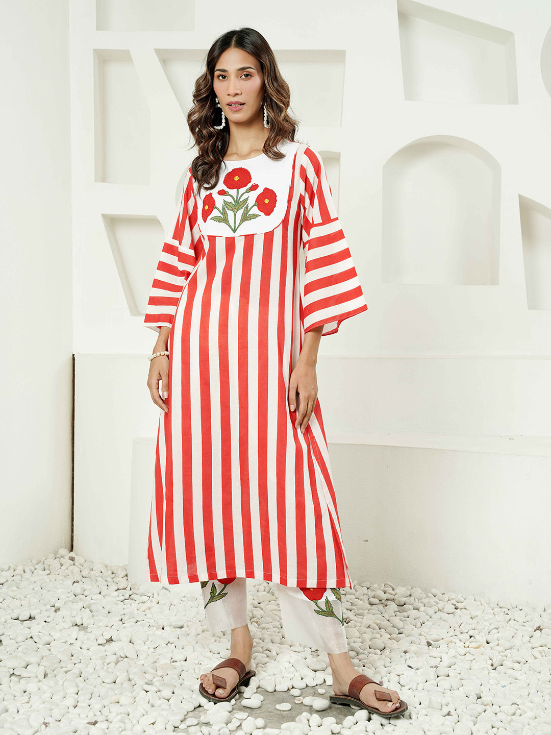 Red-White Stripe Patch Embroidered Cotton Kurta Set