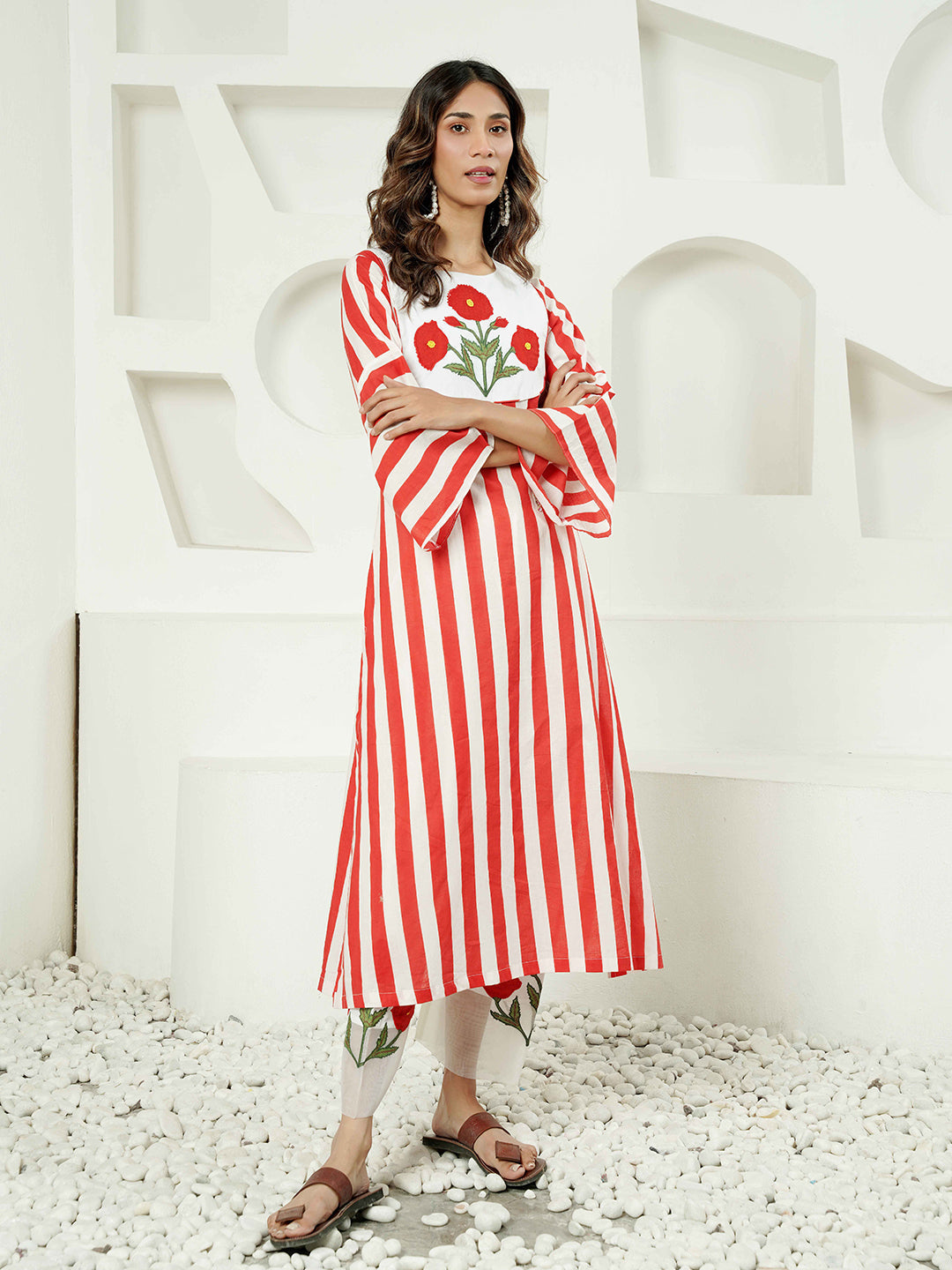 Red-White Stripe Patch Embroidered Cotton Kurta Set