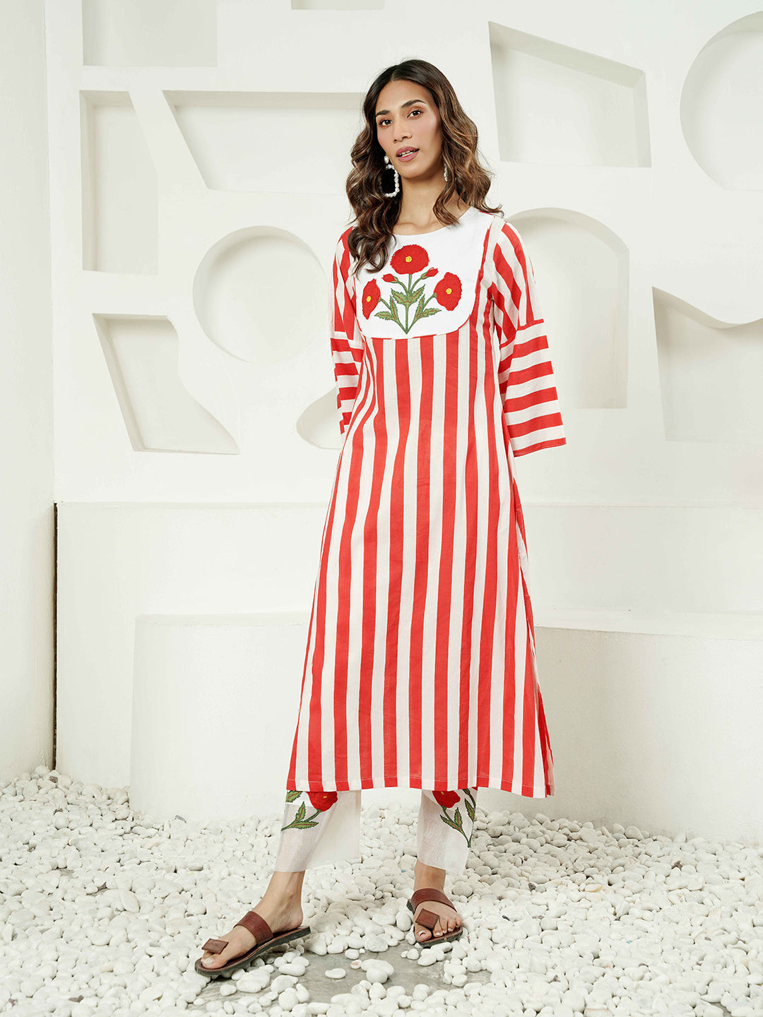 Red-White Stripe Patch Embroidered Cotton Kurta