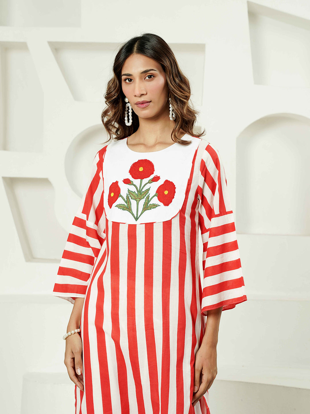 Red-White Stripe Patch Embroidered Cotton Kurta Set