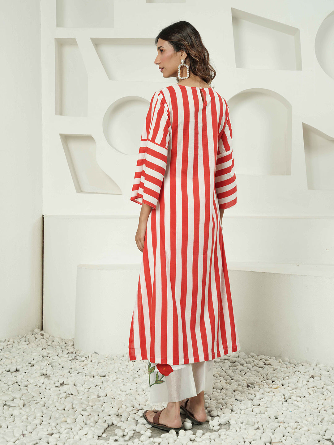 Red-White Stripe Patch Embroidered Cotton Kurta Set