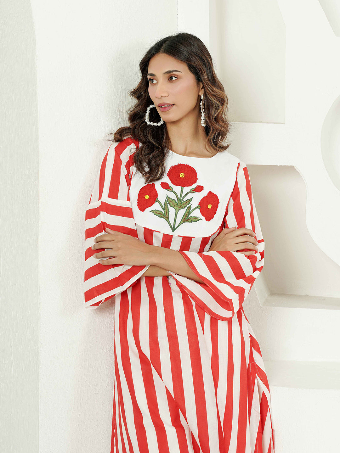 Red-White Stripe Patch Embroidered Cotton Kurta