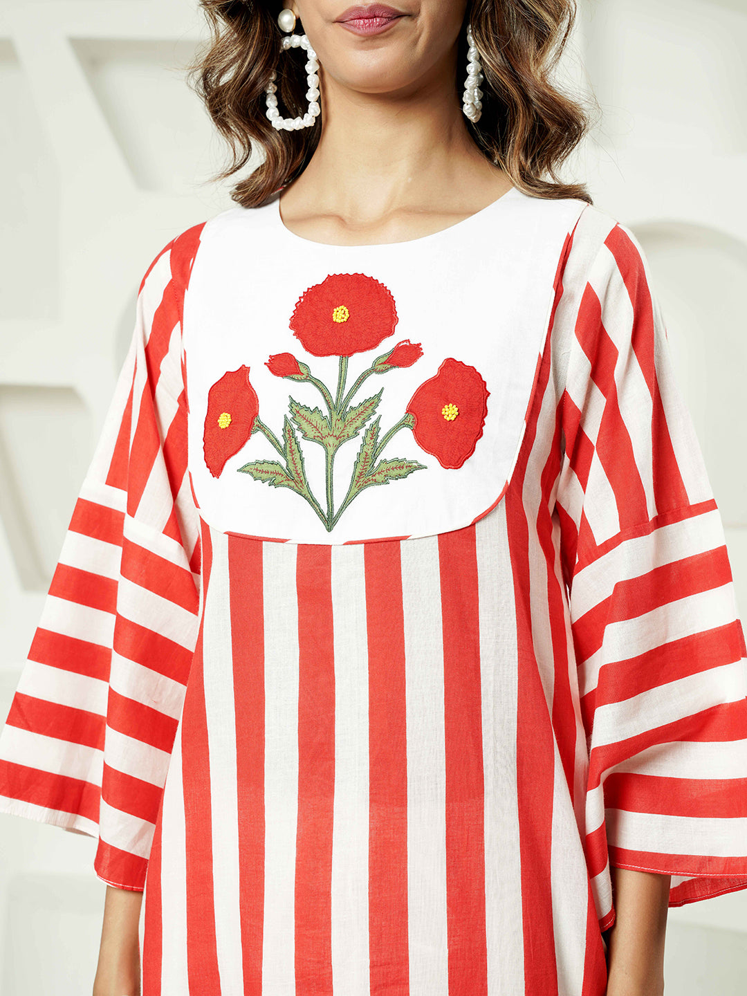 Red-White Stripe Patch Embroidered Cotton Kurta