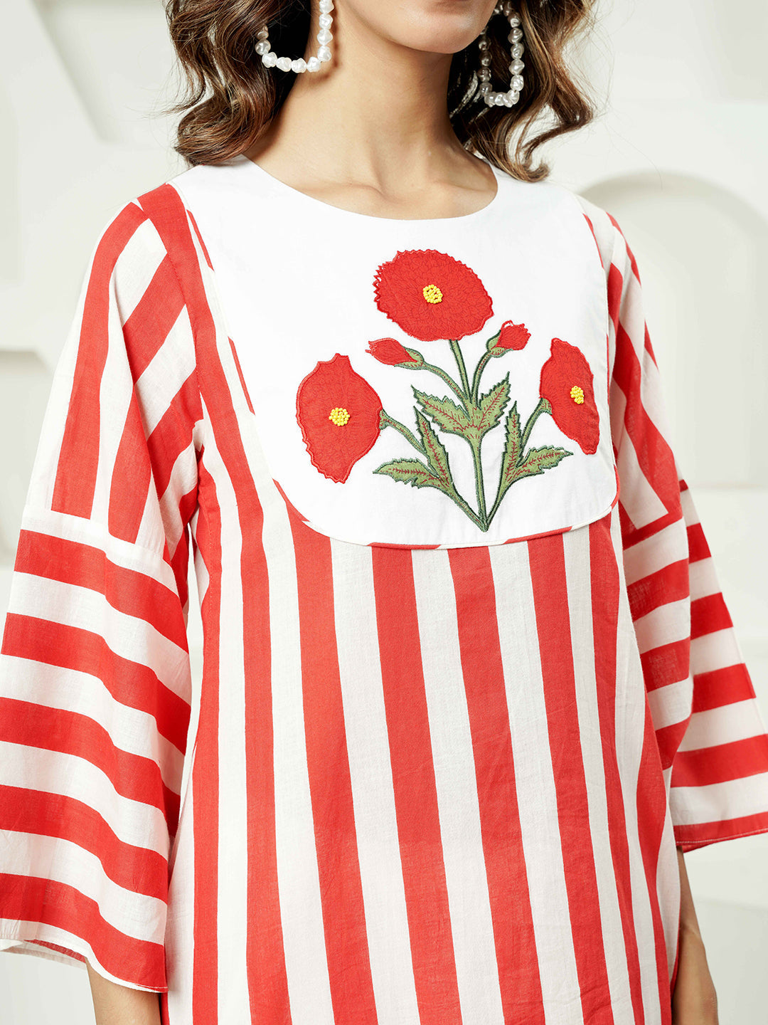 Red-White Stripe Patch Embroidered Cotton Kurta Set