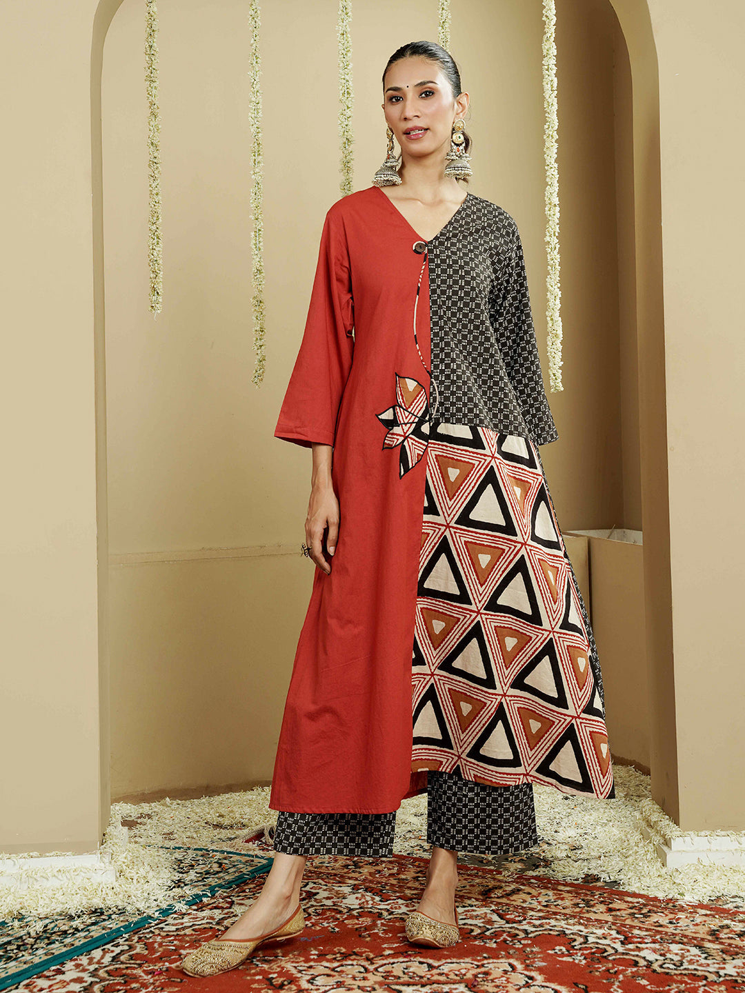 Geometric Panel Cotton Kurta Dress with Asymmetrical Design