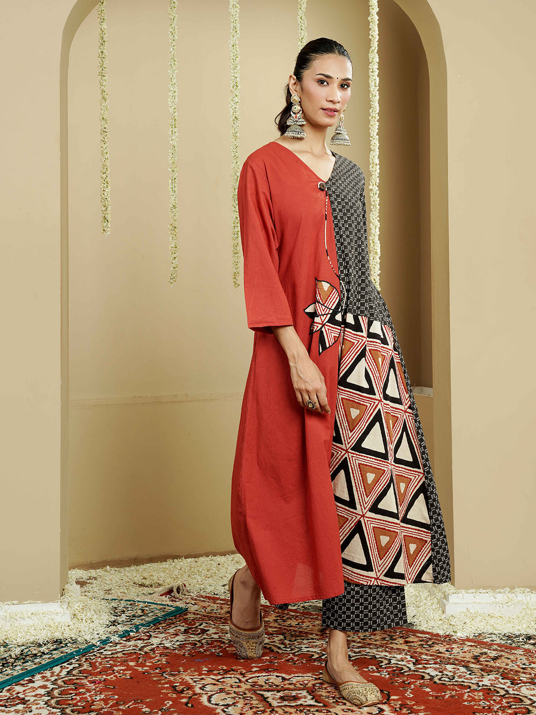 Asymmetrical Geometric Print Cotton Kurta