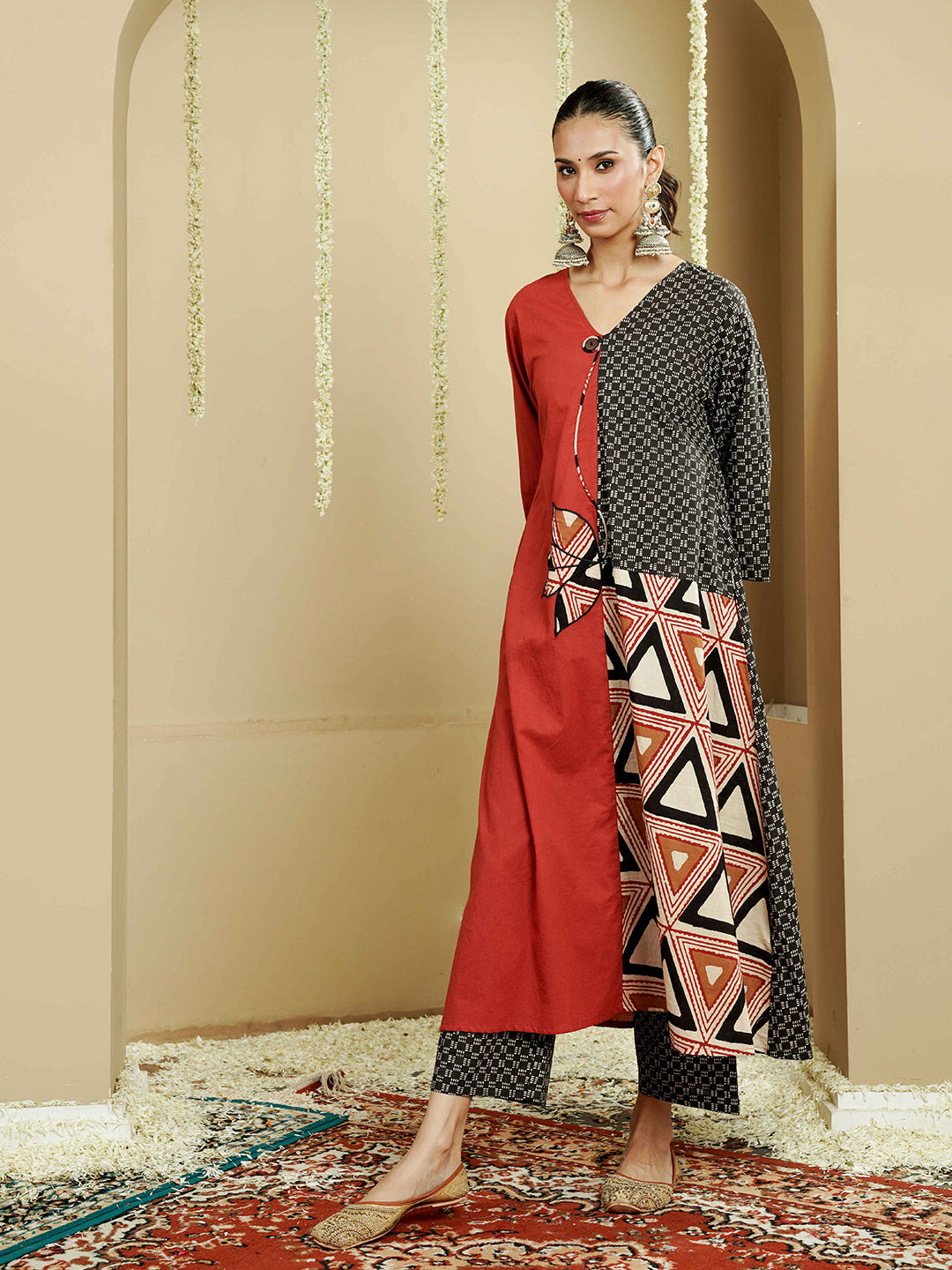 Asymmetrical Geometric Print Cotton Kurta