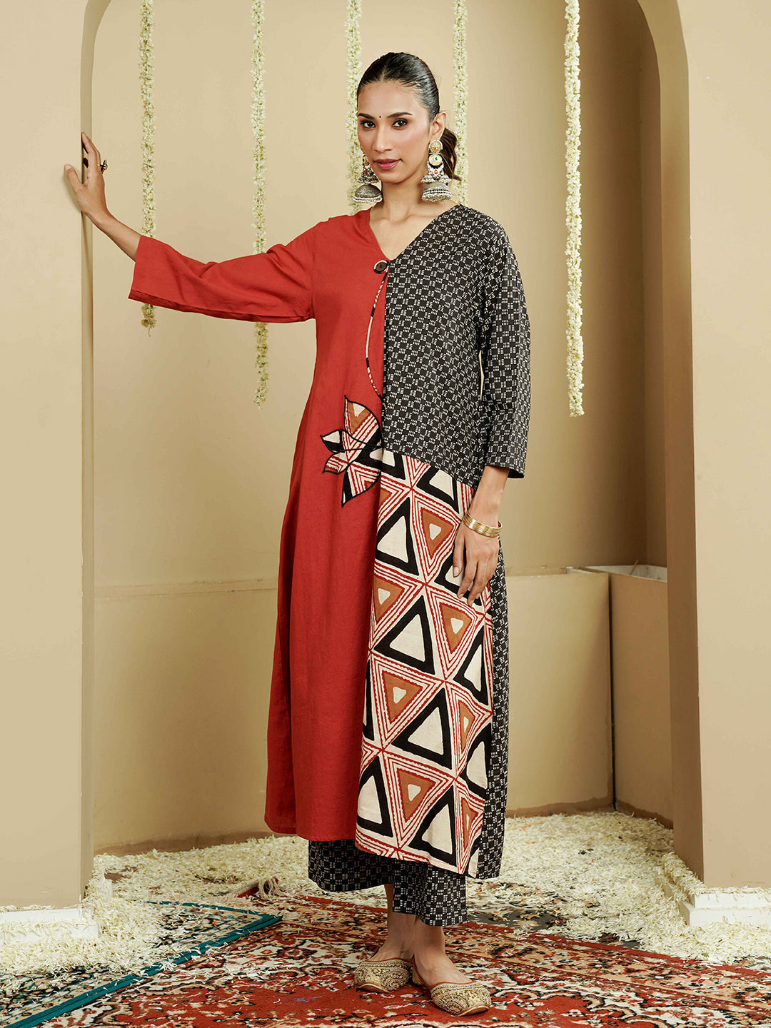 Asymmetrical Geometric Print Cotton Kurta