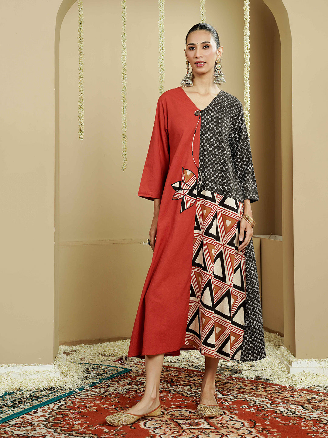 Geometric Panel Cotton Kurta Dress with Asymmetrical Design