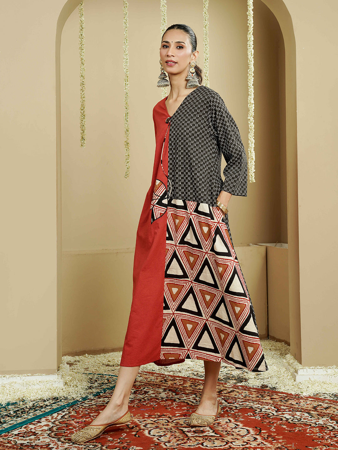 Geometric Panel Cotton Kurta Dress with Asymmetrical Design