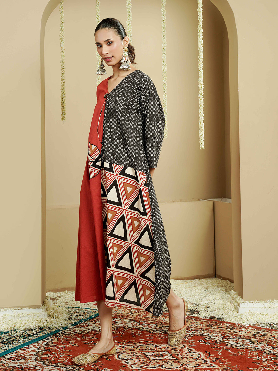 Geometric Panel Cotton Kurta Dress with Asymmetrical Design