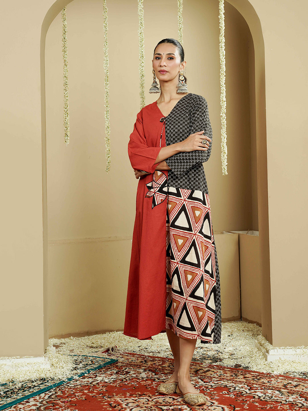 Geometric Panel Cotton Kurta Dress with Asymmetrical Design