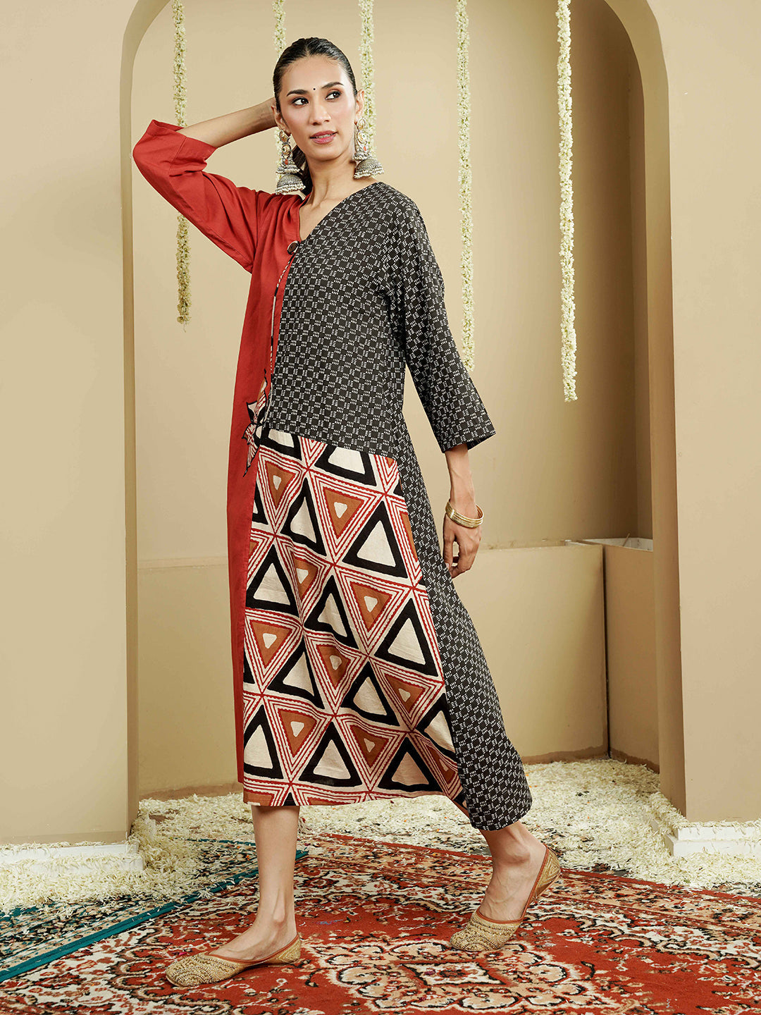 Asymmetrical Geometric Print Cotton Kurta