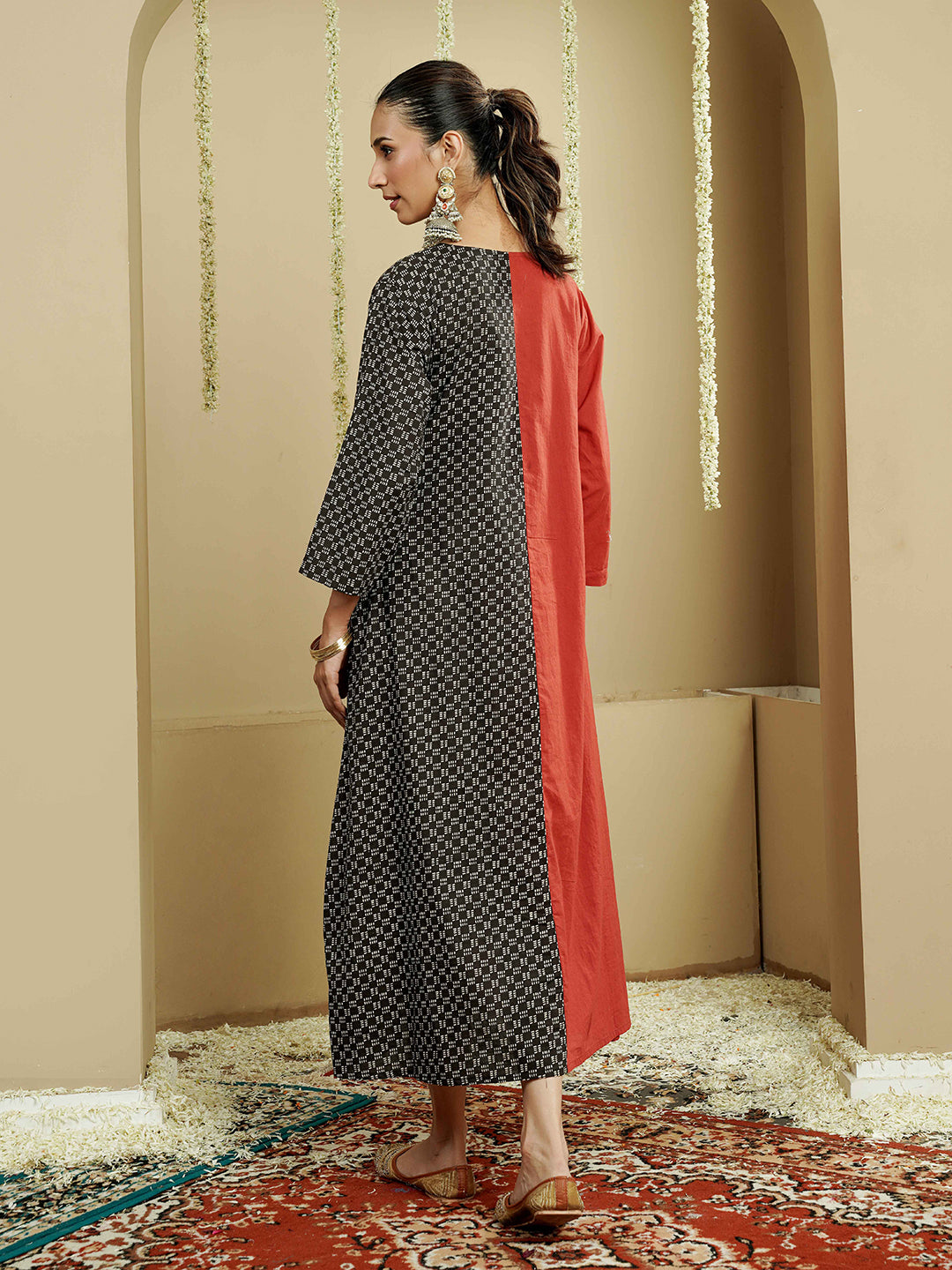 Geometric Panel Cotton Kurta Dress with Asymmetrical Design