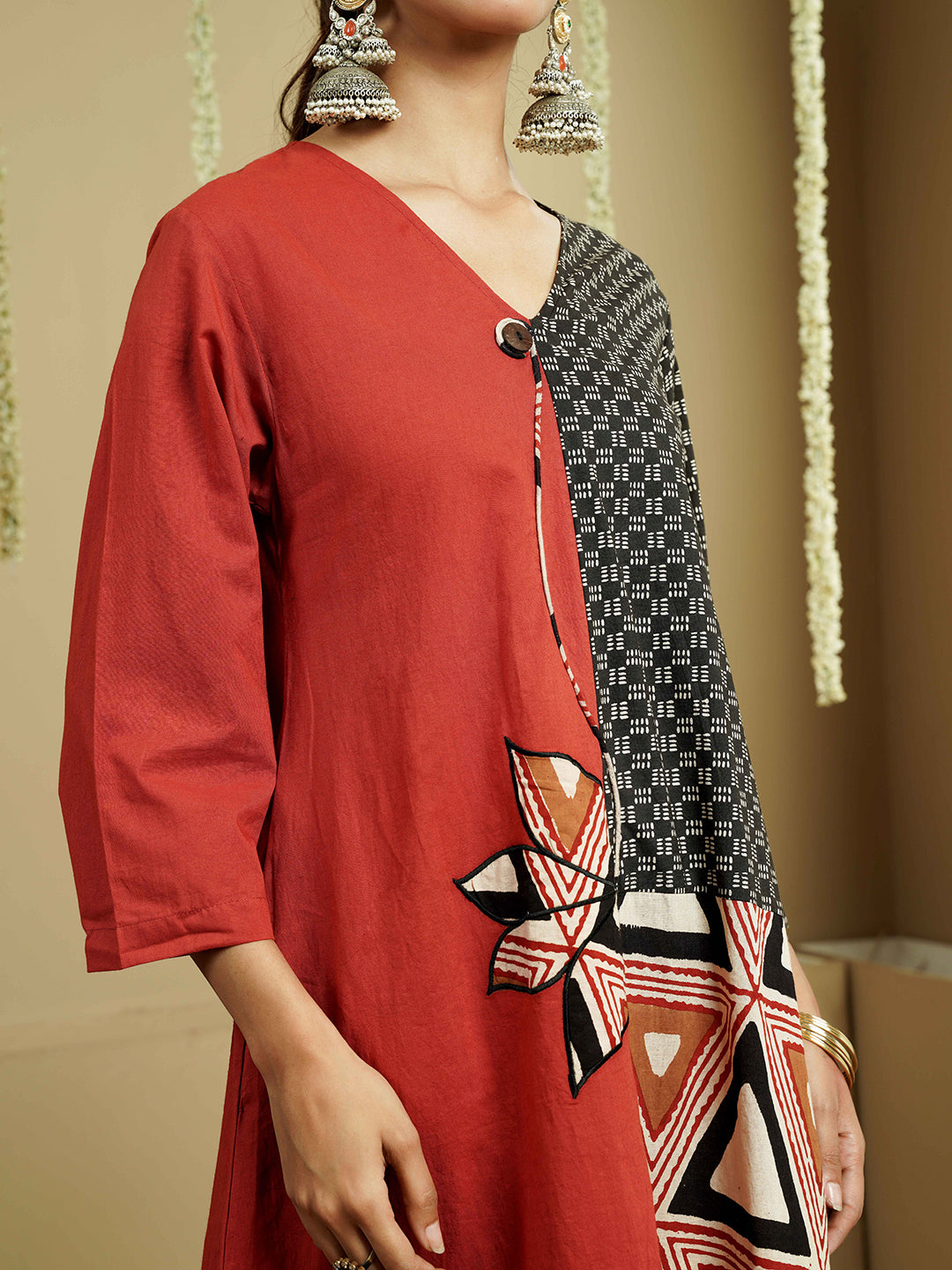 Geometric Panel Cotton Kurta Dress with Asymmetrical Design