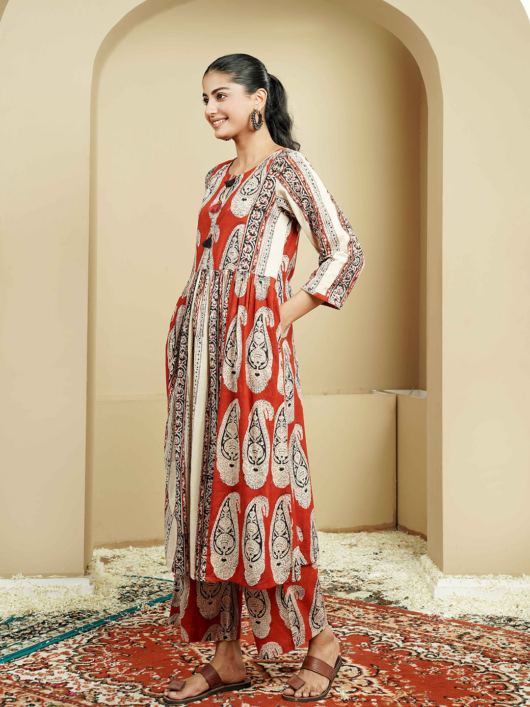 Rust Stripe Ajrakh Printed Cotton Kurta