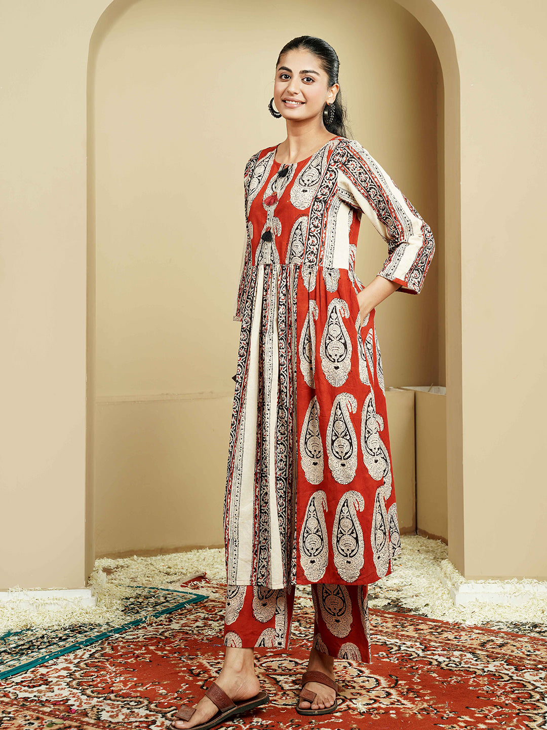 Rust Stripe Ajrakh Printed Cotton Kurta