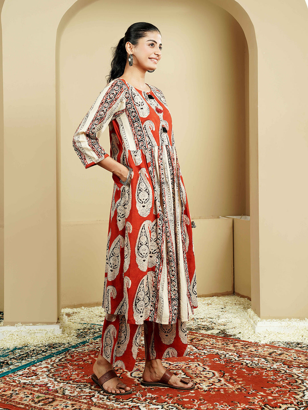 Rust Stripe Ajrakh Printed Cotton Kurta