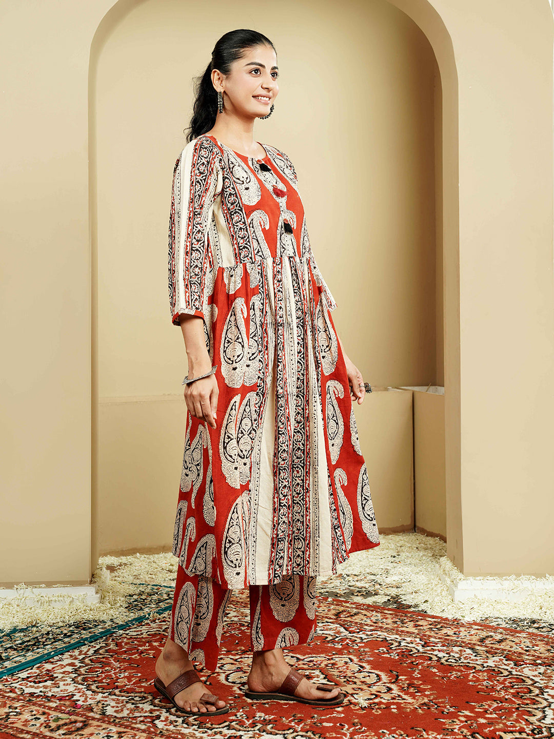 Rust Stripe Ajrakh Printed Cotton Kurta