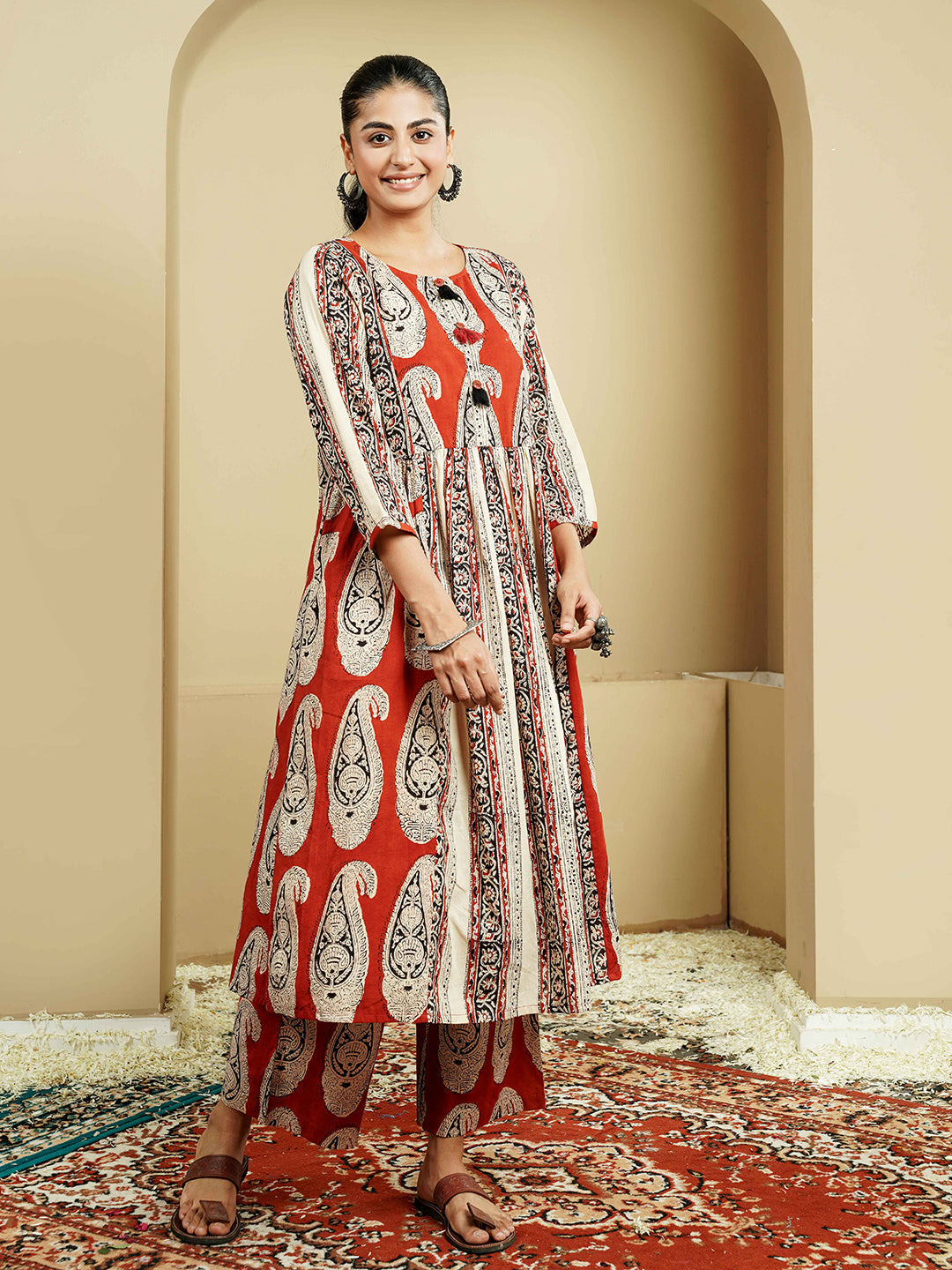 Rust Stripe Ajrakh Printed Cotton Kurta