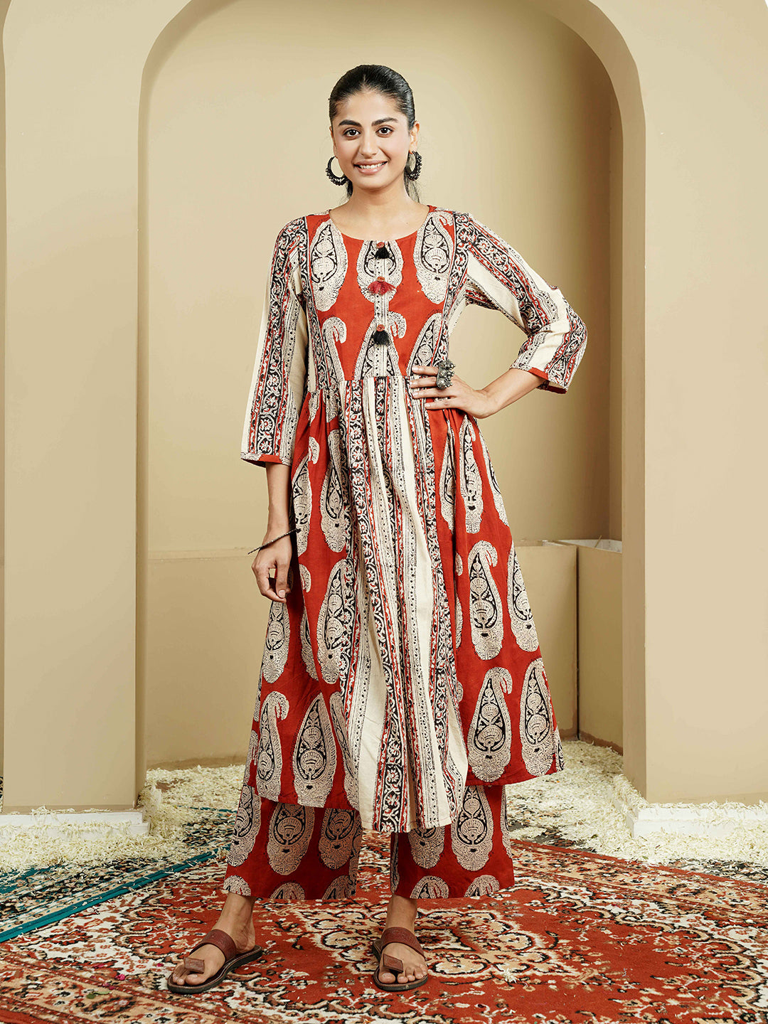 Rust Stripe Ajrakh Printed Cotton Kurta