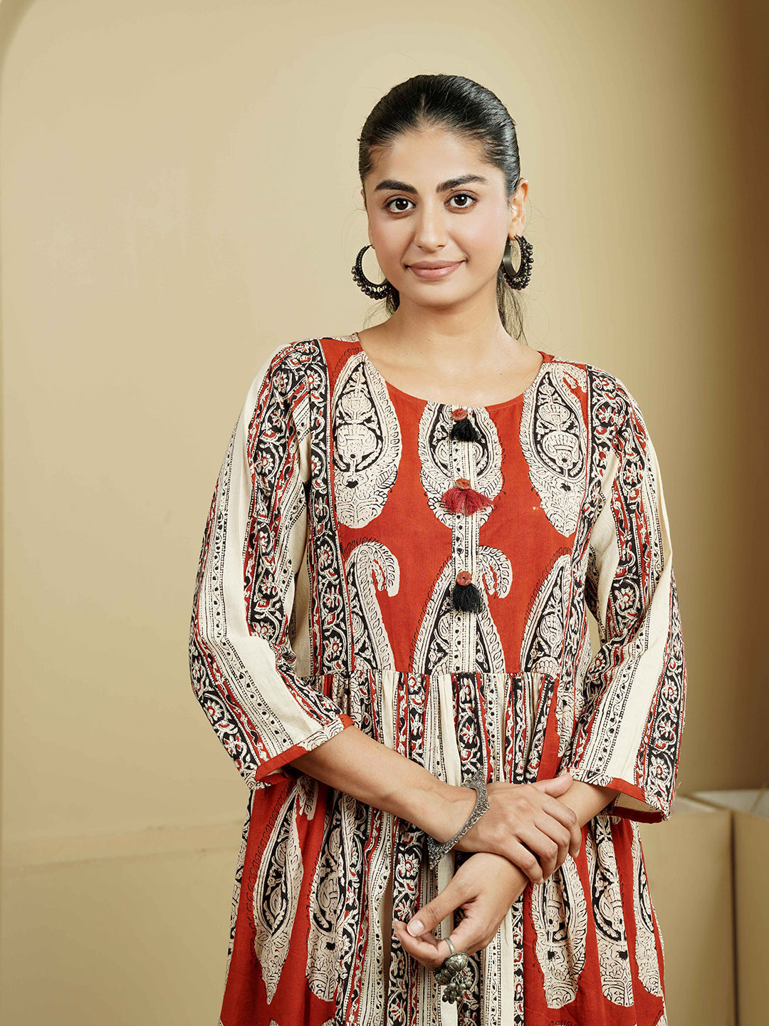 Rust Stripe Ajrakh Printed Cotton Kurta