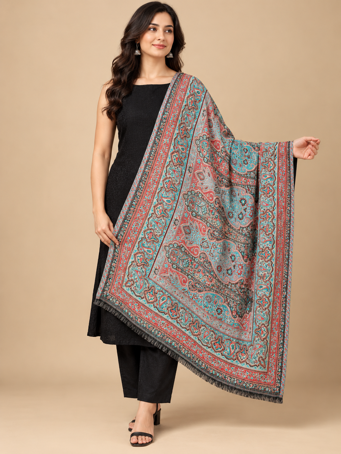 Pspeaches Women's Green 100% Viscose Jamawar Design Stole