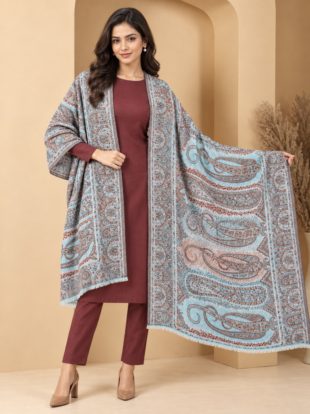 Pspeaches Women's Light Blue 100% Viscose Jamawar Design Stole