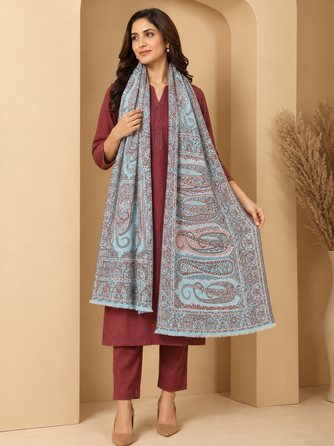 Pspeaches Women's Light Blue 100% Viscose Jamawar Design Stole