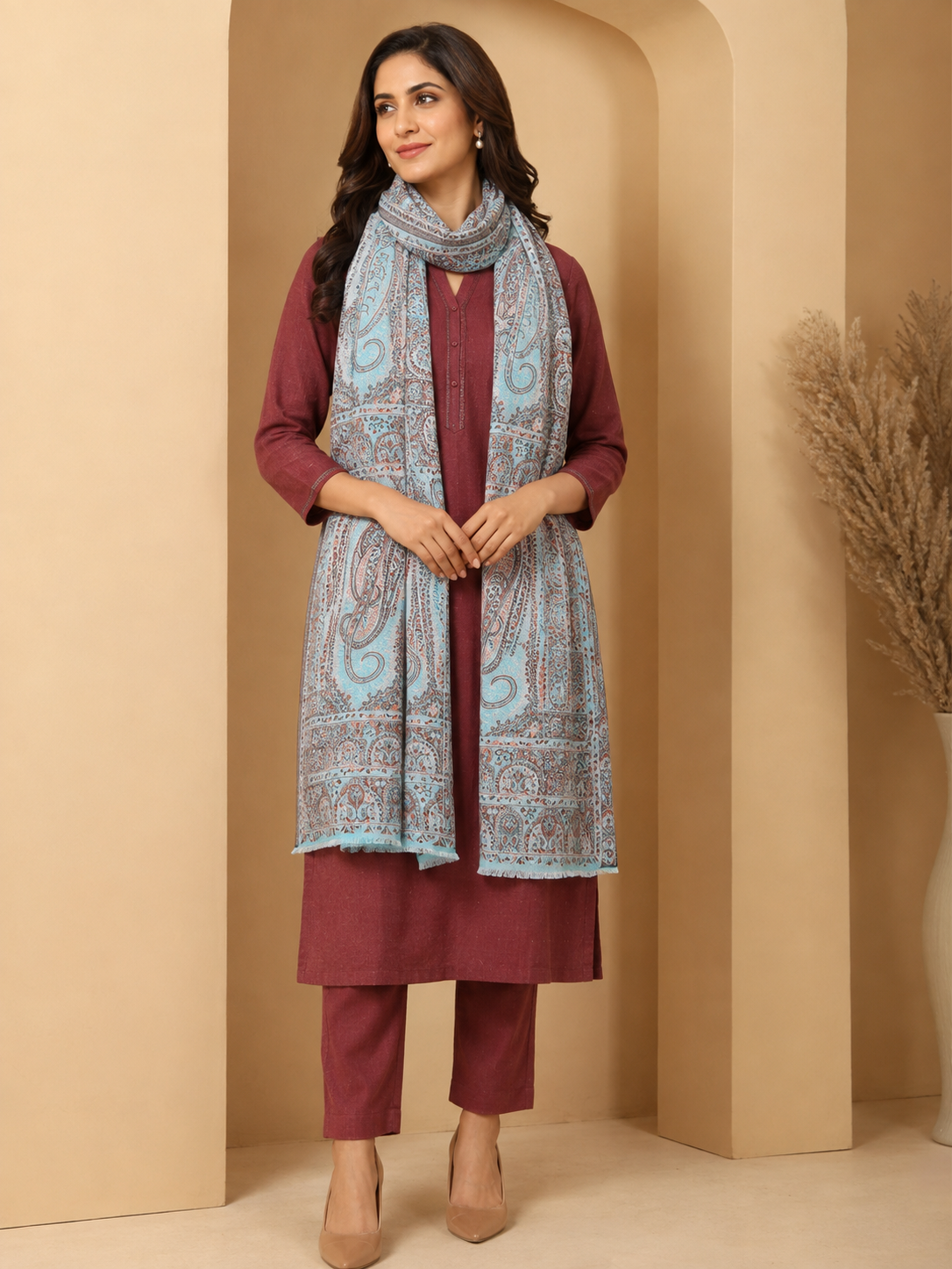 Pspeaches Women's Light Blue 100% Viscose Jamawar Design Stole